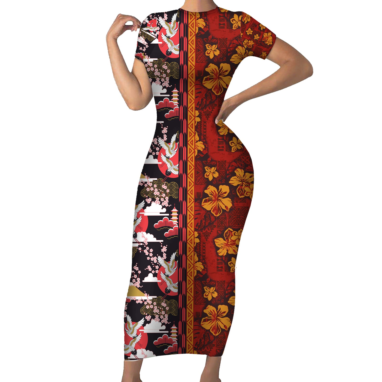 Japanese Culture Hawaii Style Short Sleeve Bodycon Dress Hawaiian Tribal and Japanese Pattern Together Culture LT03 Long Dress Red - Polynesian Pride
