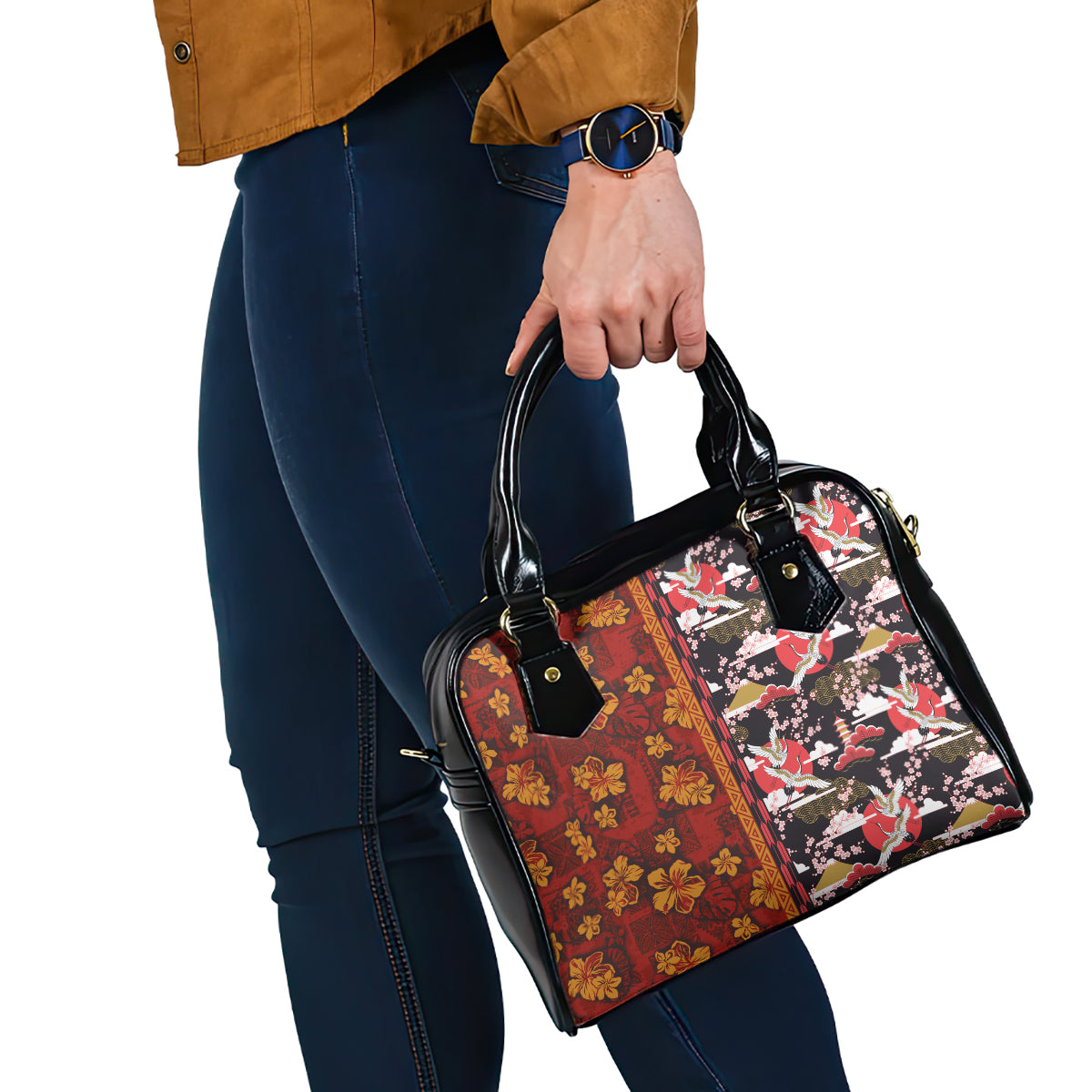Pan-Pacific Festival Shoulder Handbag Hawaiian Tribal and Japanese Pattern Together Culture