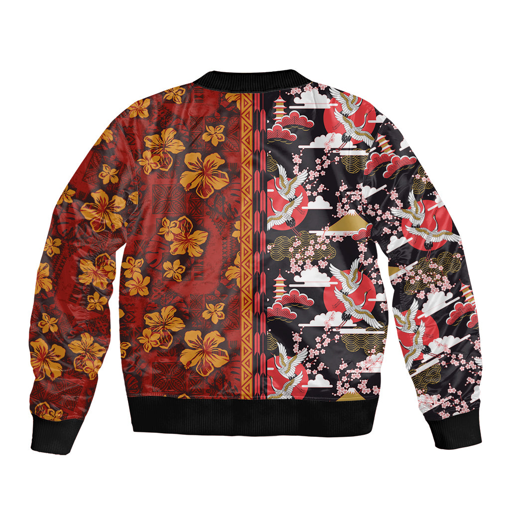 Japanese Culture Hawaii Style Sleeve Zip Bomber Jacket Hawaiian Tribal and Japanese Pattern Together Culture LT03 - Polynesian Pride