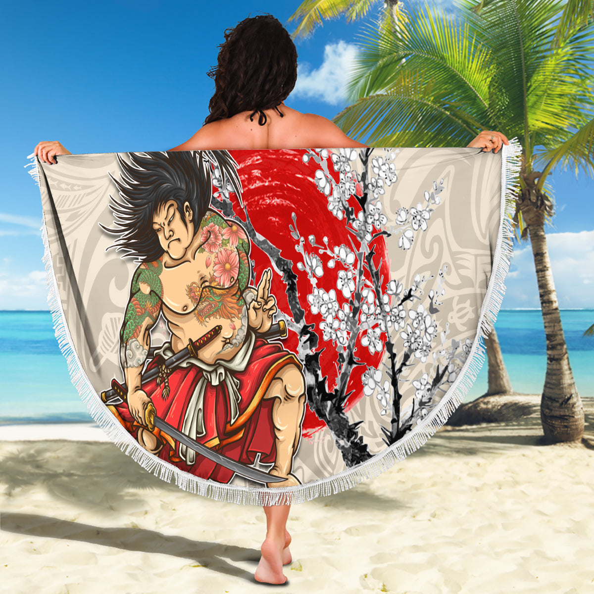 Personalised Pan-Pacific Festival Beach Blanket Japanese Samurai with Hawaiian Pattern