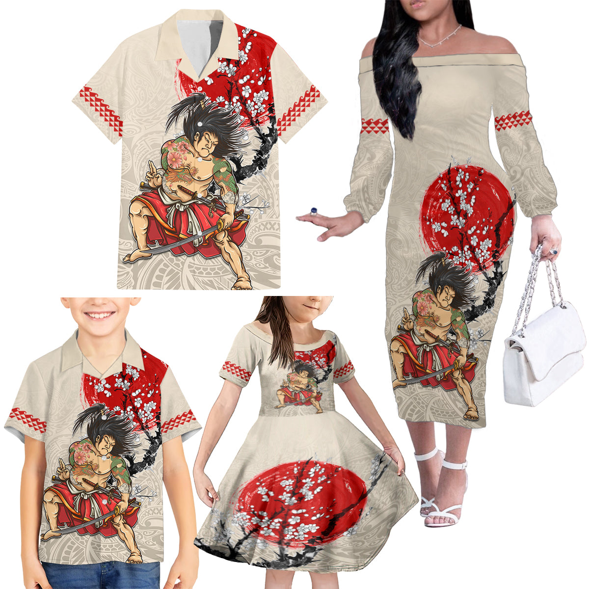 Personalised Japanese Culture Hawaii Style Family Matching Off The Shoulder Long Sleeve Dress and Hawaiian Shirt Japanese Samurai with Hawaiian Pattern LT03 - Polynesian Pride