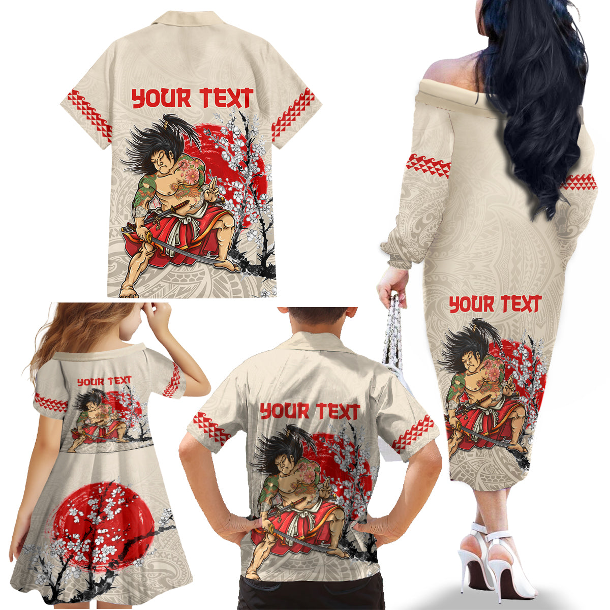 Personalised Japanese Culture Hawaii Style Family Matching Off The Shoulder Long Sleeve Dress and Hawaiian Shirt Japanese Samurai with Hawaiian Pattern LT03 - Polynesian Pride