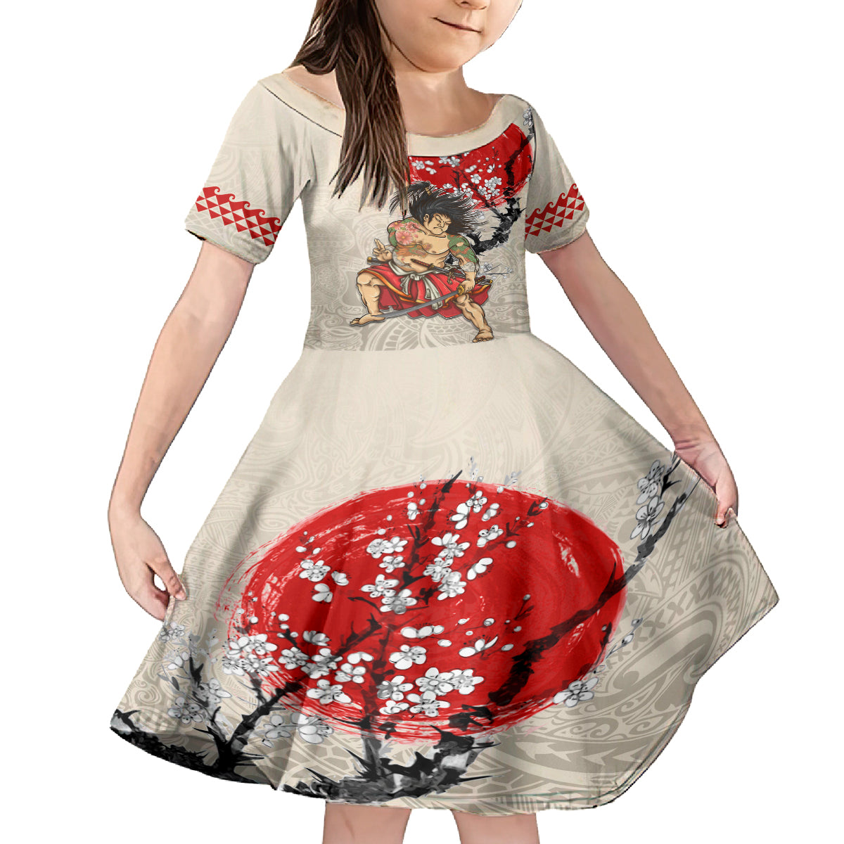 Personalised Japanese Culture Hawaii Style Family Matching Summer Maxi Dress and Hawaiian Shirt Japanese Samurai with Hawaiian Pattern LT03 Daughter's Dress Beige - Polynesian Pride