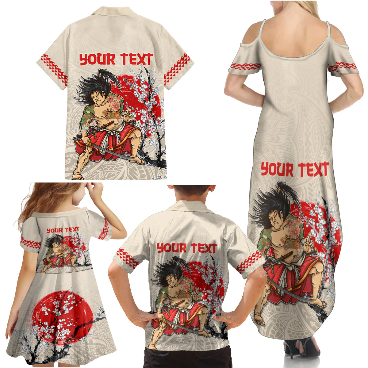Personalised Japanese Culture Hawaii Style Family Matching Summer Maxi Dress and Hawaiian Shirt Japanese Samurai with Hawaiian Pattern LT03 - Polynesian Pride