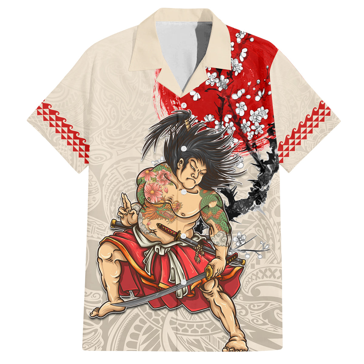 Personalised Japanese Culture Hawaii Style Family Matching Summer Maxi Dress and Hawaiian Shirt Japanese Samurai with Hawaiian Pattern LT03 Dad's Shirt - Short Sleeve Beige - Polynesian Pride