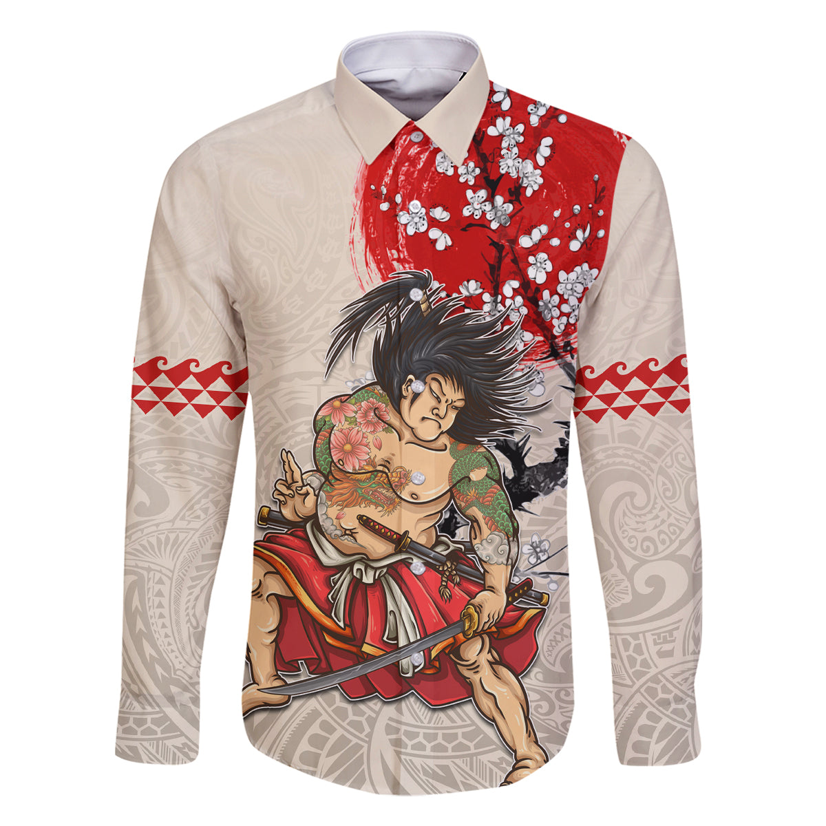 Personalised Japanese Culture Hawaii Style Family Matching Summer Maxi Dress and Hawaiian Shirt Japanese Samurai with Hawaiian Pattern LT03 Dad's Shirt - Long Sleeve Beige - Polynesian Pride