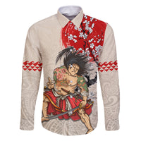 Personalised Japanese Culture Hawaii Style Family Matching Summer Maxi Dress and Hawaiian Shirt Japanese Samurai with Hawaiian Pattern LT03 Dad's Shirt - Long Sleeve Beige - Polynesian Pride