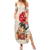 Personalised Japanese Culture Hawaii Style Family Matching Summer Maxi Dress and Hawaiian Shirt Japanese Samurai with Hawaiian Pattern LT03 Mom's Dress Beige - Polynesian Pride