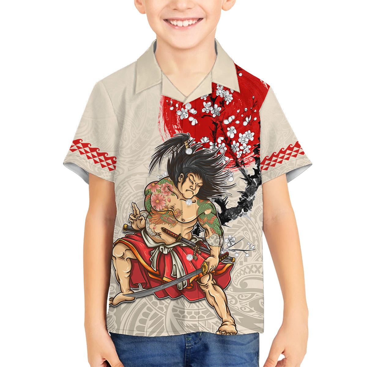 Personalised Japanese Culture Hawaii Style Family Matching Summer Maxi Dress and Hawaiian Shirt Japanese Samurai with Hawaiian Pattern LT03 Son's Shirt Beige - Polynesian Pride