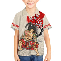 Personalised Japanese Culture Hawaii Style Family Matching Summer Maxi Dress and Hawaiian Shirt Japanese Samurai with Hawaiian Pattern LT03 Son's Shirt Beige - Polynesian Pride