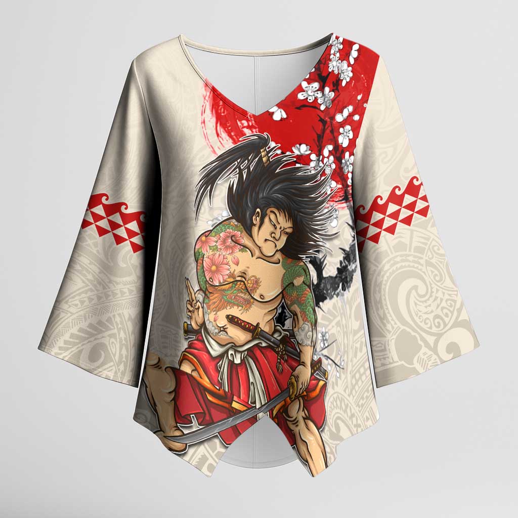 Personalised Japanese Culture Hawaii Style Kimono Sleeve Blouse Japanese Samurai with Hawaiian Pattern LT03 Female Beige - Polynesian Pride