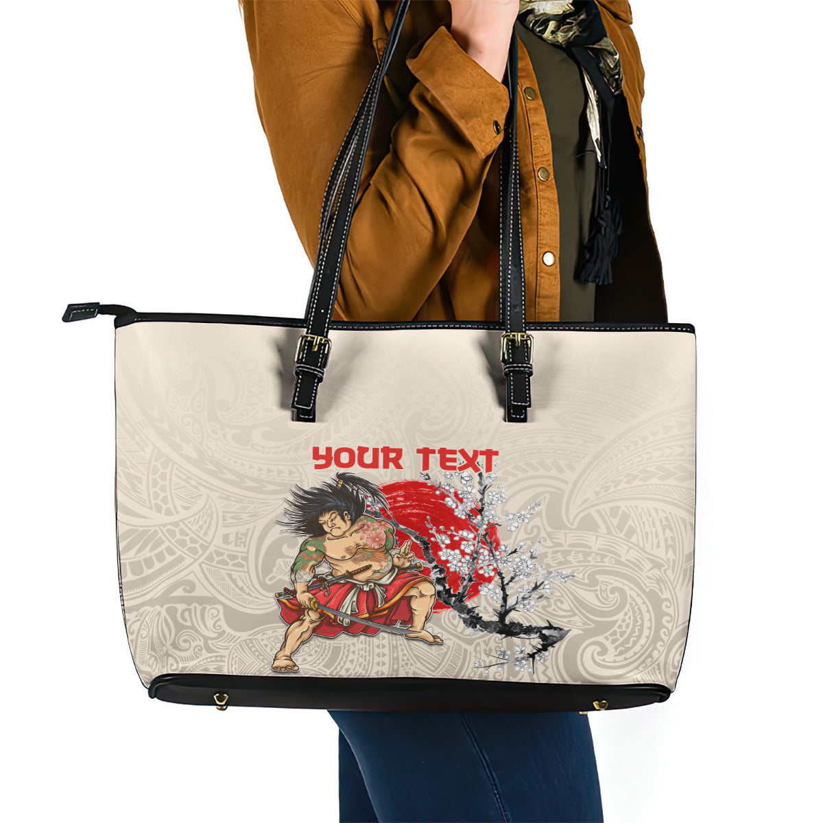 Personalised Japanese Culture Hawaii Style Leather Tote Bag Japanese Samurai with Hawaiian Pattern LT03 - Polynesian Pride