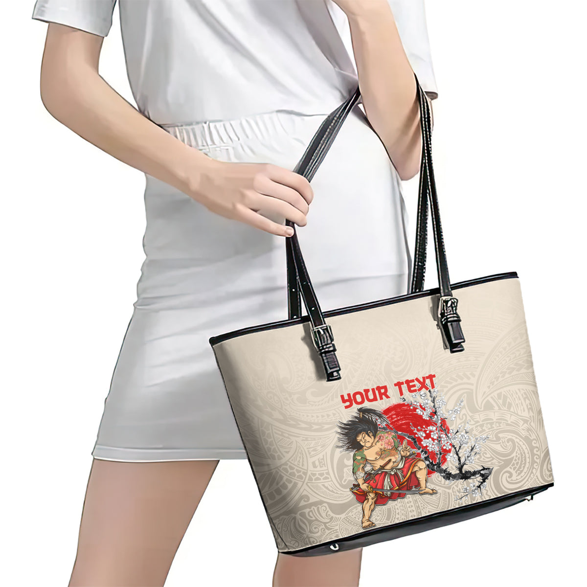 Personalised Japanese Culture Hawaii Style Leather Tote Bag Japanese Samurai with Hawaiian Pattern LT03 - Polynesian Pride