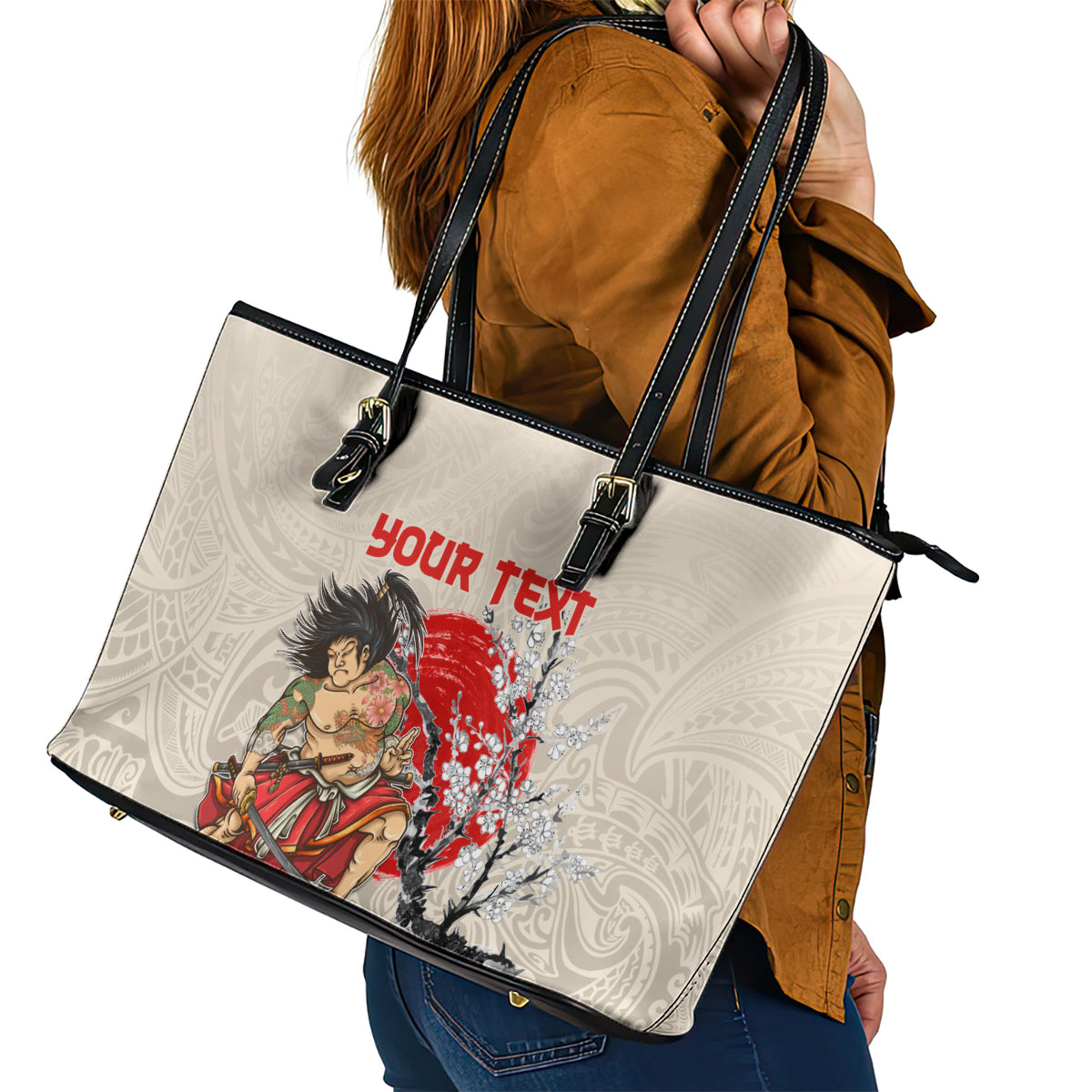 Personalised Japanese Culture Hawaii Style Leather Tote Bag Japanese Samurai with Hawaiian Pattern LT03 - Polynesian Pride