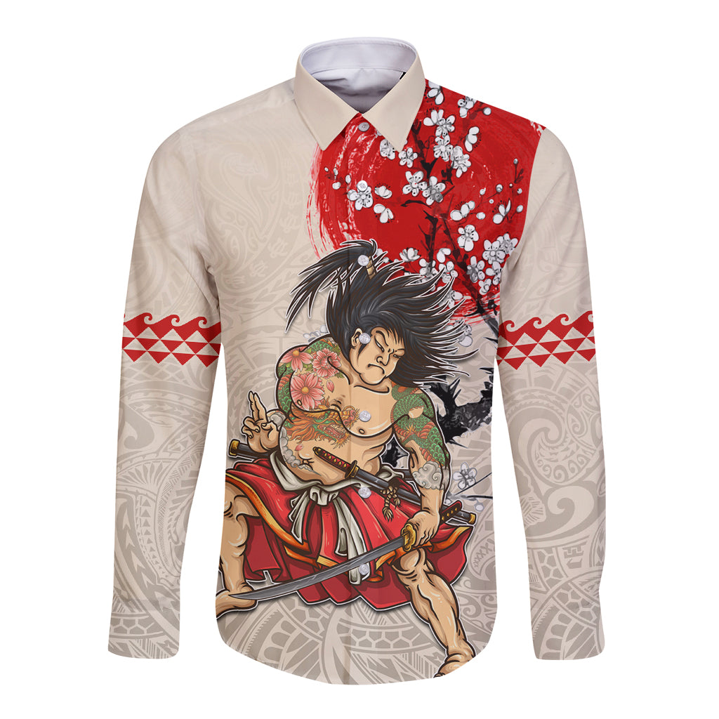 Personalised Japanese Culture Hawaii Style Long Sleeve Button Shirt Japanese Samurai with Hawaiian Pattern LT03 Unisex Beige - Polynesian Pride
