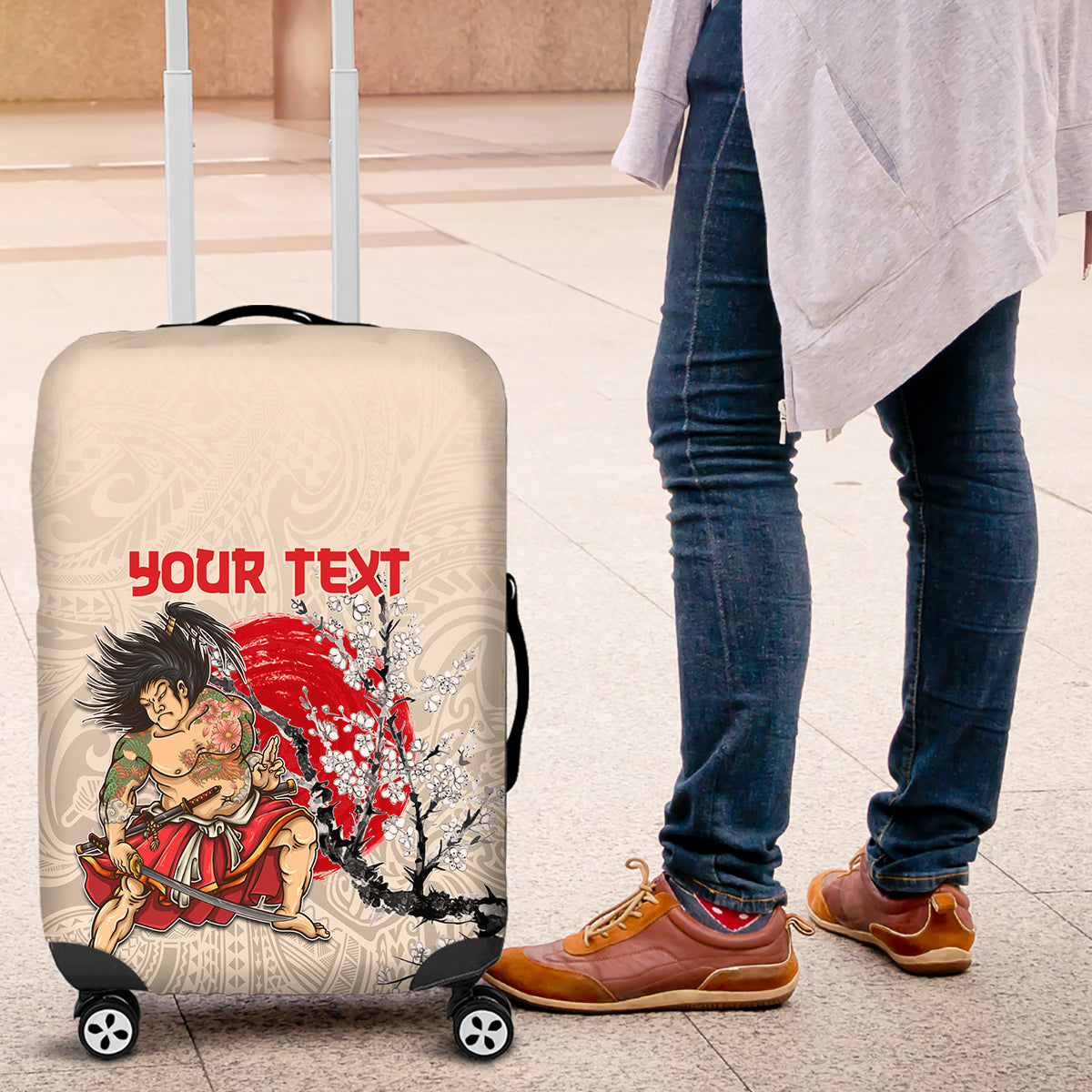 Personalised Japanese Culture Hawaii Style Luggage Cover Japanese Samurai with Hawaiian Pattern LT03 Beige - Polynesian Pride