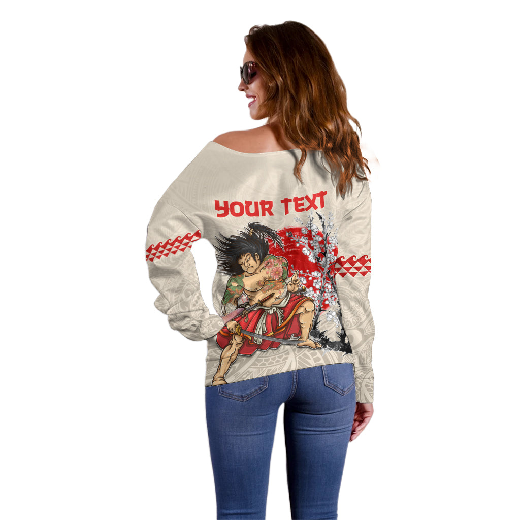Personalised Pan-Pacific Festival Off Shoulder Sweater Japanese Samurai with Hawaiian Pattern