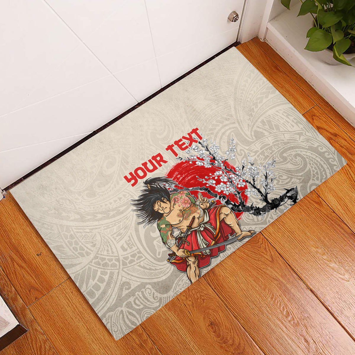 Personalised Pan-Pacific Festival Rubber Doormat Japanese Samurai with Hawaiian Pattern