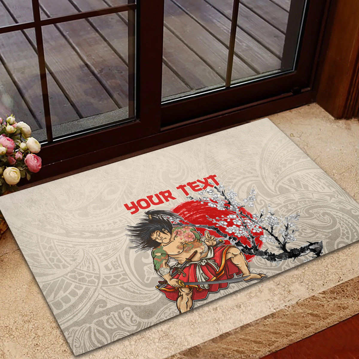 Personalised Pan-Pacific Festival Rubber Doormat Japanese Samurai with Hawaiian Pattern