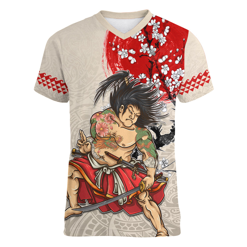 Personalised Pan-Pacific Festival Women V-Neck T-Shirt Japanese Samurai with Hawaiian Pattern