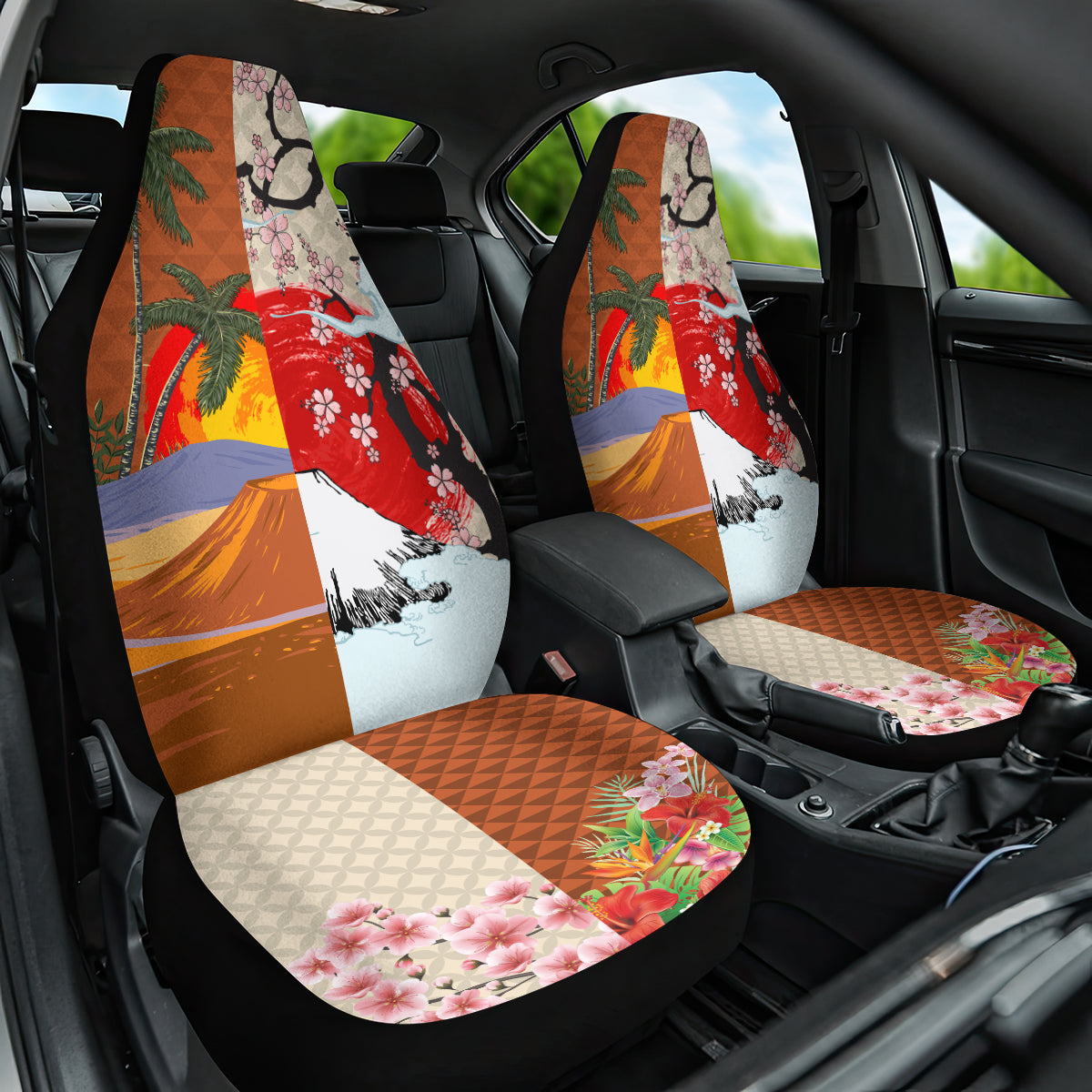 Japanese Culture Hawaii Style Car Seat Cover Mauna Kea and Fuji Mountains LT03 One Size Brown - Polynesian Pride