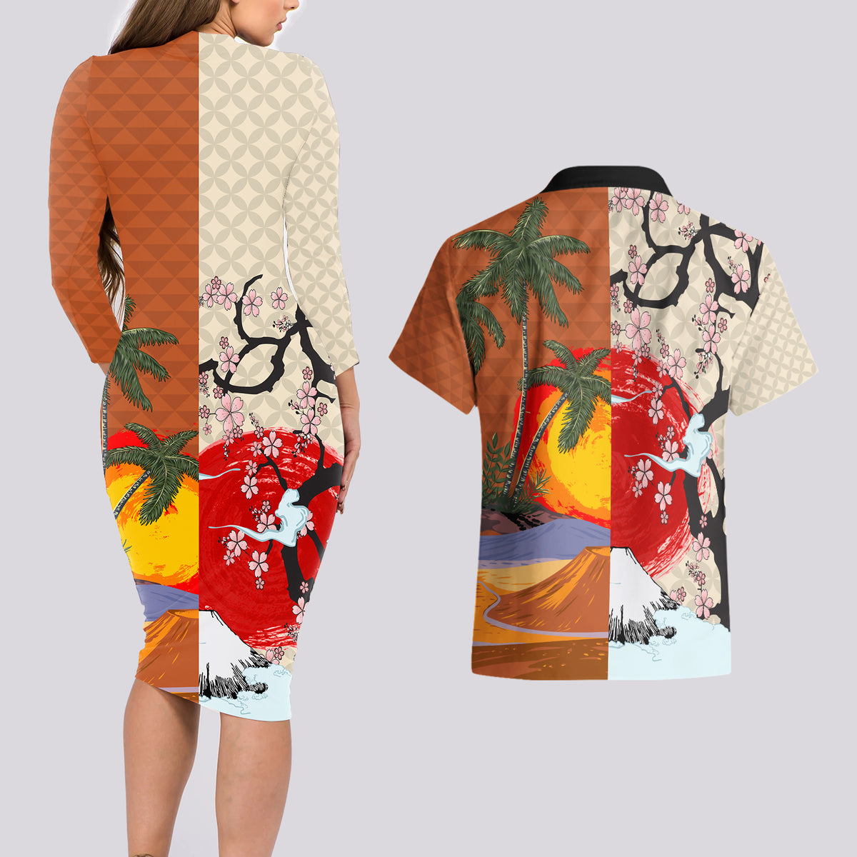 Japanese Culture Hawaii Style Couples Matching Long Sleeve Bodycon Dress and Hawaiian Shirt Mauna Kea and Fuji Mountains LT03 - Polynesian Pride