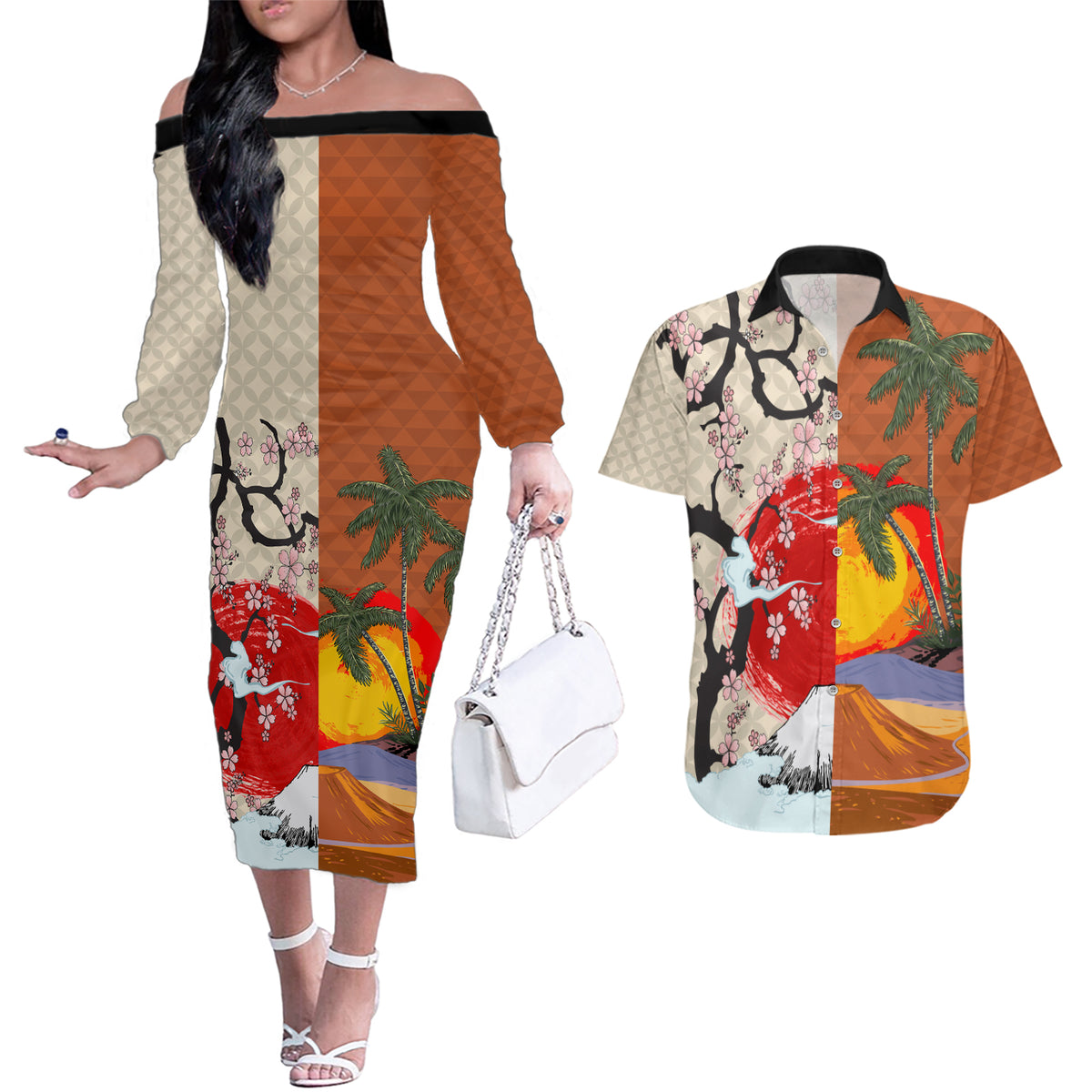 Japanese Culture Hawaii Style Couples Matching Off The Shoulder Long Sleeve Dress and Hawaiian Shirt Mauna Kea and Fuji Mountains LT03 Brown - Polynesian Pride