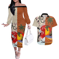 Japanese Culture Hawaii Style Couples Matching Off The Shoulder Long Sleeve Dress and Hawaiian Shirt Mauna Kea and Fuji Mountains LT03 Brown - Polynesian Pride