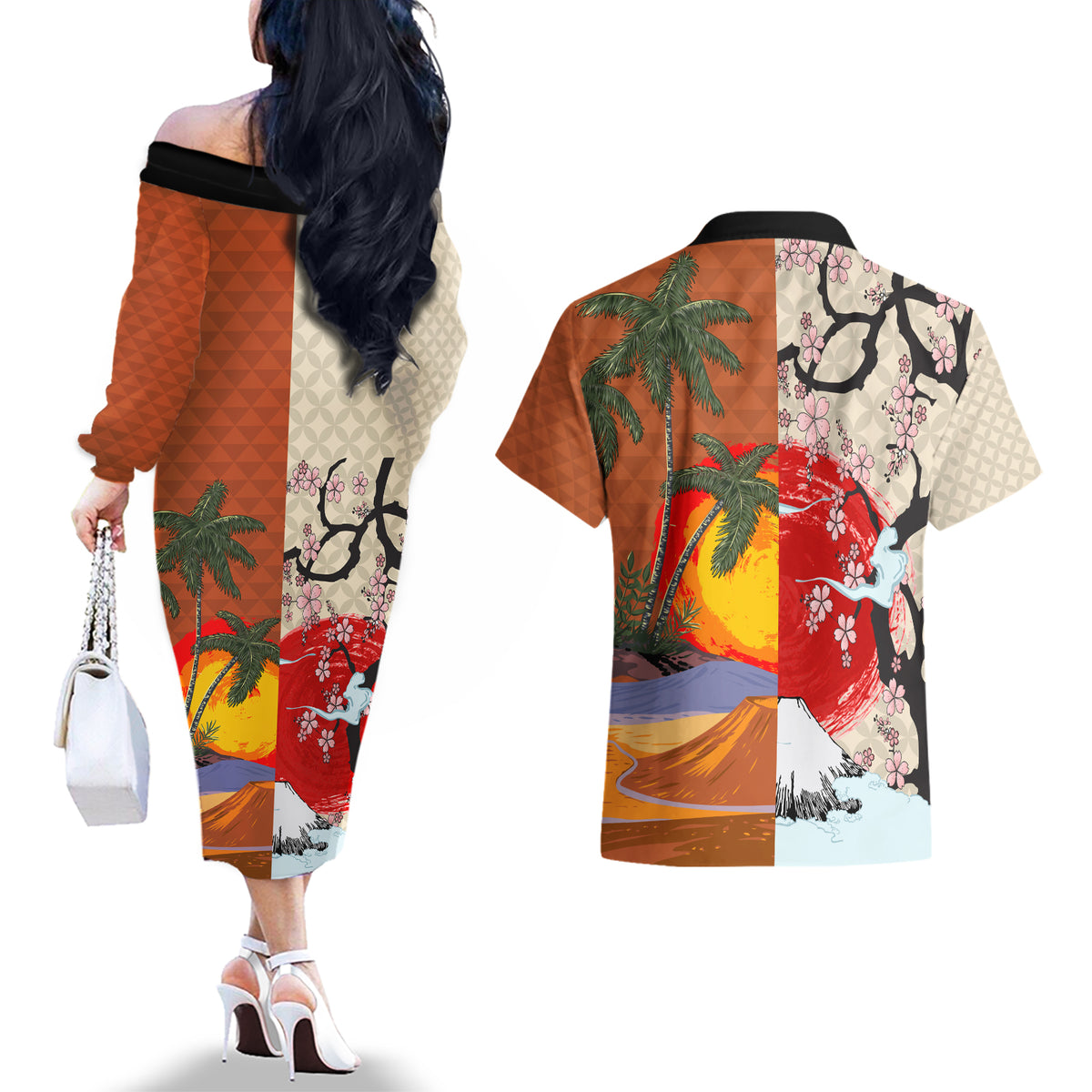 Japanese Culture Hawaii Style Couples Matching Off The Shoulder Long Sleeve Dress and Hawaiian Shirt Mauna Kea and Fuji Mountains LT03 - Polynesian Pride