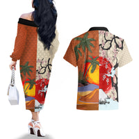 Japanese Culture Hawaii Style Couples Matching Off The Shoulder Long Sleeve Dress and Hawaiian Shirt Mauna Kea and Fuji Mountains LT03 - Polynesian Pride