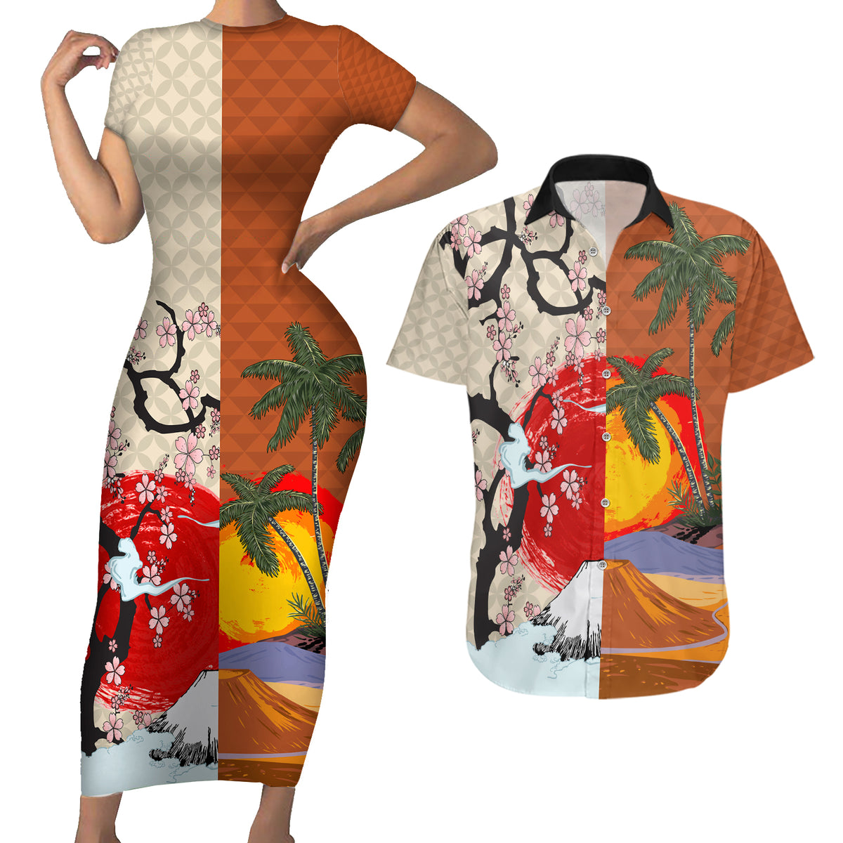 Japanese Culture Hawaii Style Couples Matching Short Sleeve Bodycon Dress and Hawaiian Shirt Mauna Kea and Fuji Mountains LT03 Brown - Polynesian Pride