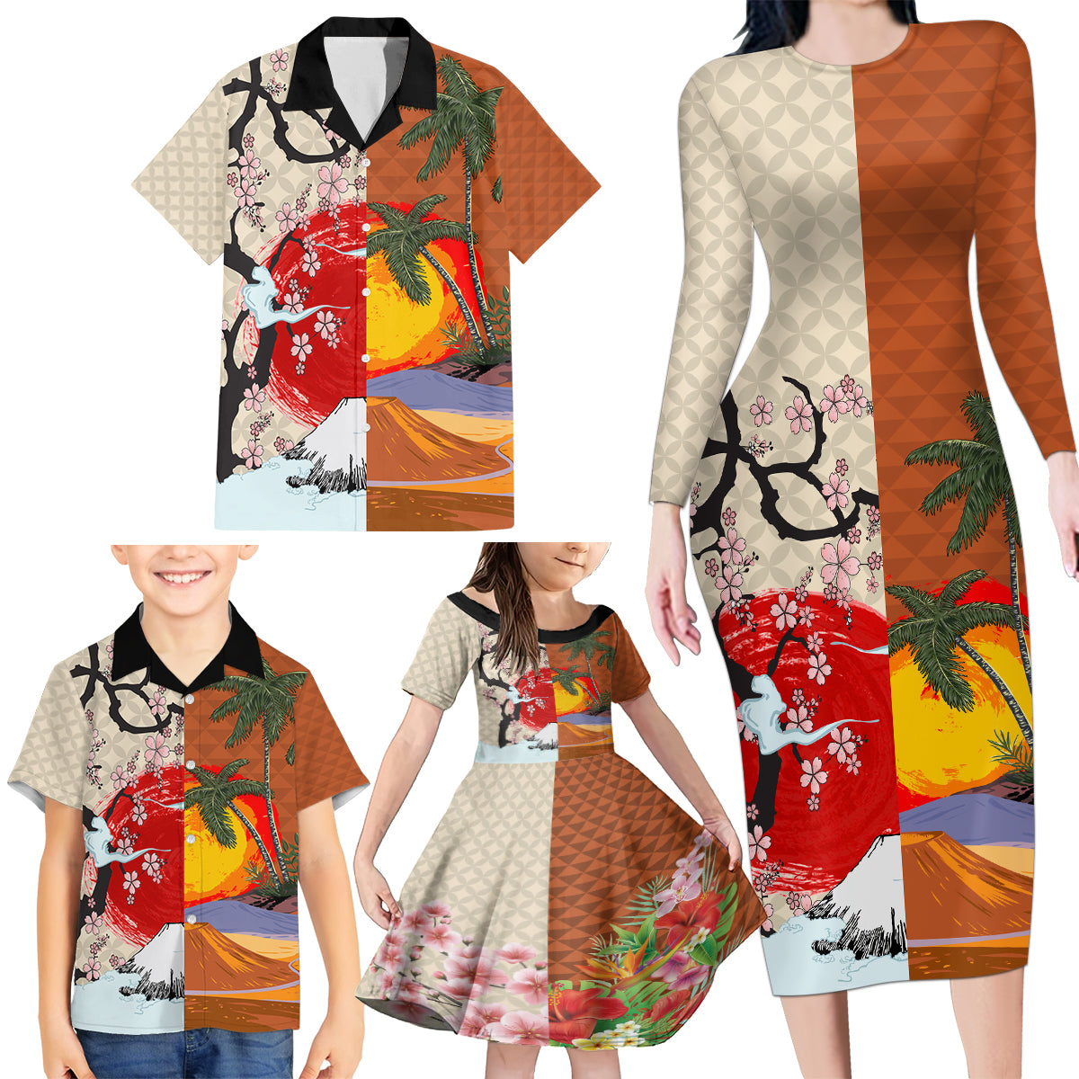 Japanese Culture Hawaii Style Family Matching Long Sleeve Bodycon Dress and Hawaiian Shirt Mauna Kea and Fuji Mountains LT03 - Polynesian Pride