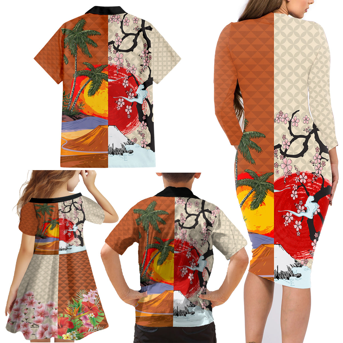 Japanese Culture Hawaii Style Family Matching Long Sleeve Bodycon Dress and Hawaiian Shirt Mauna Kea and Fuji Mountains LT03 - Polynesian Pride