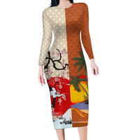 Japanese Culture Hawaii Style Family Matching Long Sleeve Bodycon Dress and Hawaiian Shirt Mauna Kea and Fuji Mountains LT03 Mom's Dress Brown - Polynesian Pride