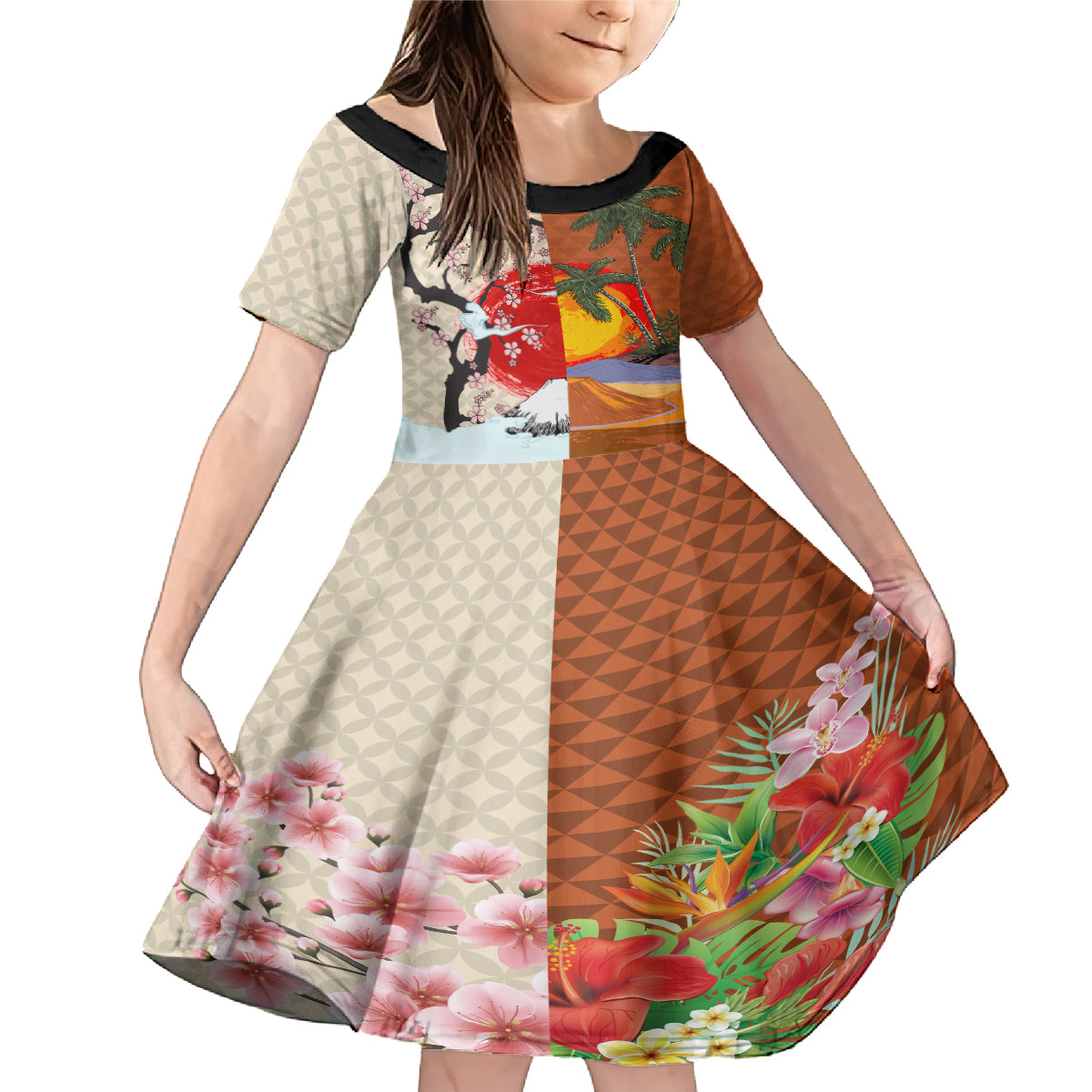 Japanese Culture Hawaii Style Family Matching Mermaid Dress and Hawaiian Shirt Mauna Kea and Fuji Mountains LT03 Daughter's Dress Brown - Polynesian Pride