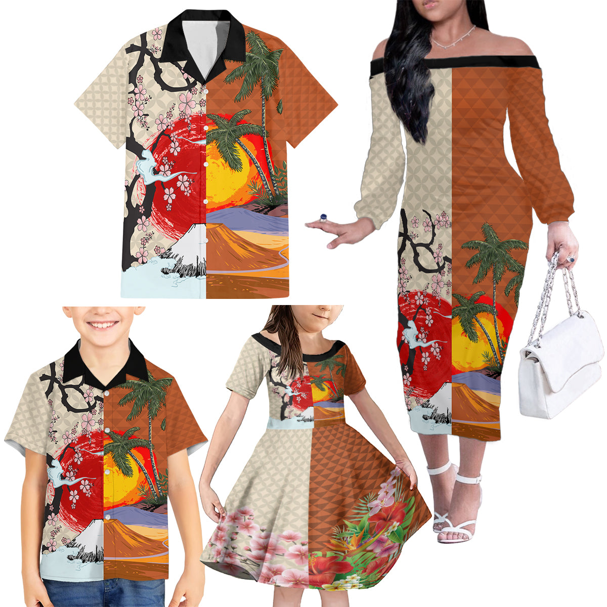 Japanese Culture Hawaii Style Family Matching Off The Shoulder Long Sleeve Dress and Hawaiian Shirt Mauna Kea and Fuji Mountains LT03 - Polynesian Pride
