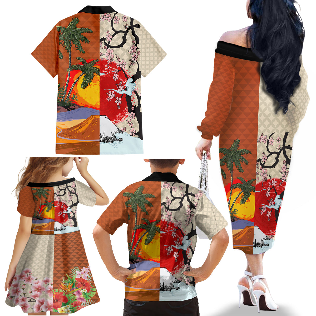 Japanese Culture Hawaii Style Family Matching Off The Shoulder Long Sleeve Dress and Hawaiian Shirt Mauna Kea and Fuji Mountains LT03 - Polynesian Pride
