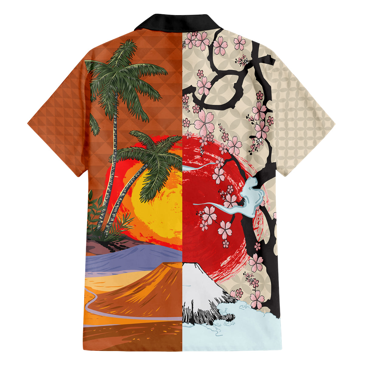 Japanese Culture Hawaii Style Family Matching Off The Shoulder Long Sleeve Dress and Hawaiian Shirt Mauna Kea and Fuji Mountains LT03 - Polynesian Pride