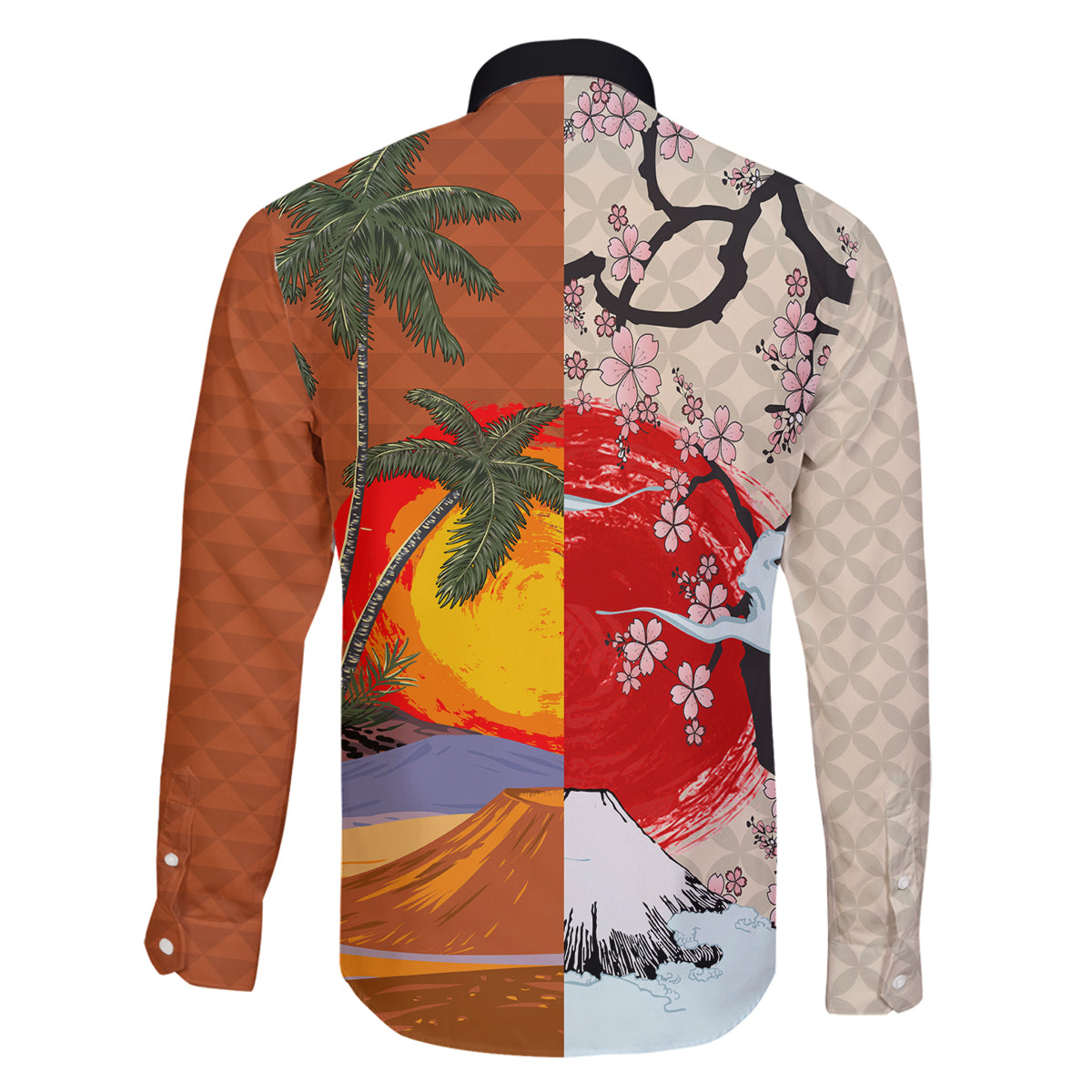 Japanese Culture Hawaii Style Family Matching Off The Shoulder Long Sleeve Dress and Hawaiian Shirt Mauna Kea and Fuji Mountains LT03 - Polynesian Pride