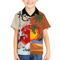 Japanese Culture Hawaii Style Family Matching Off The Shoulder Long Sleeve Dress and Hawaiian Shirt Mauna Kea and Fuji Mountains LT03 Son's Shirt Brown - Polynesian Pride