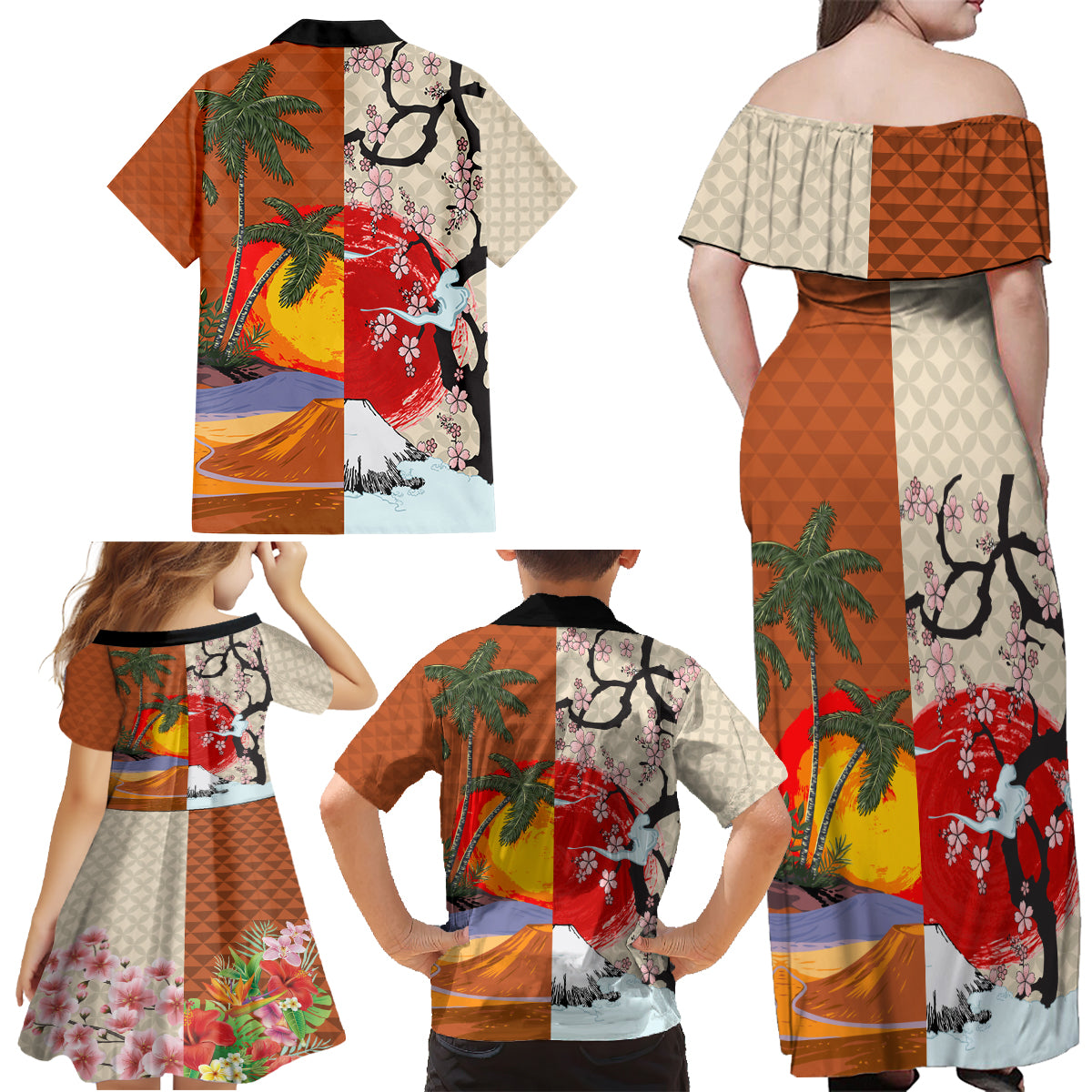 Japanese Culture Hawaii Style Family Matching Off Shoulder Maxi Dress and Hawaiian Shirt Mauna Kea and Fuji Mountains LT03 - Polynesian Pride