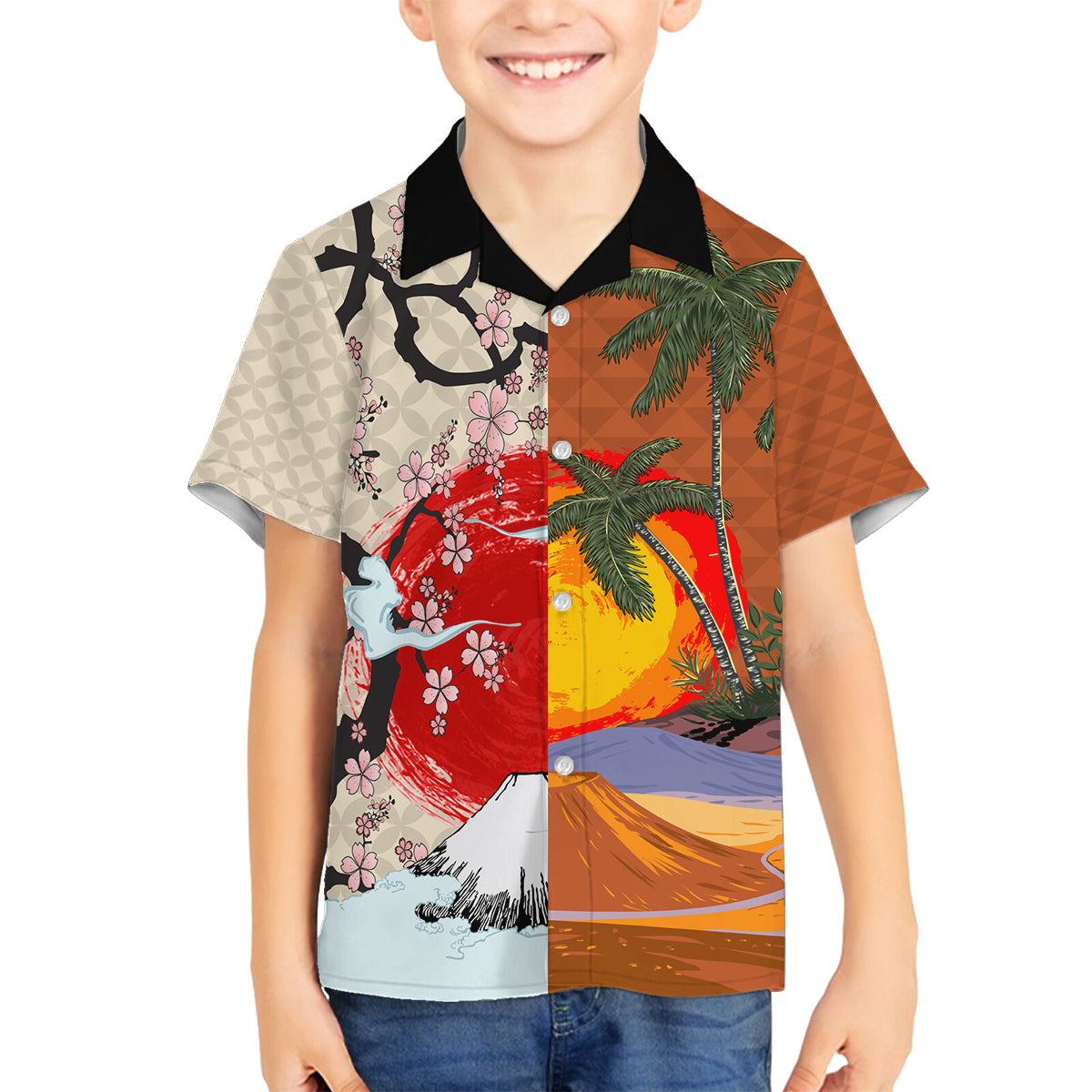 Japanese Culture Hawaii Style Family Matching Off Shoulder Maxi Dress and Hawaiian Shirt Mauna Kea and Fuji Mountains LT03 Son's Shirt Brown - Polynesian Pride