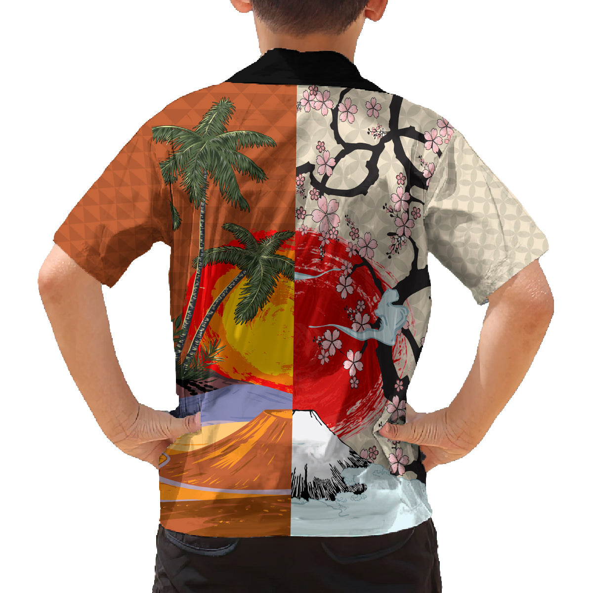 Japanese Culture Hawaii Style Family Matching Off Shoulder Short Dress and Hawaiian Shirt Mauna Kea and Fuji Mountains LT03 - Polynesian Pride