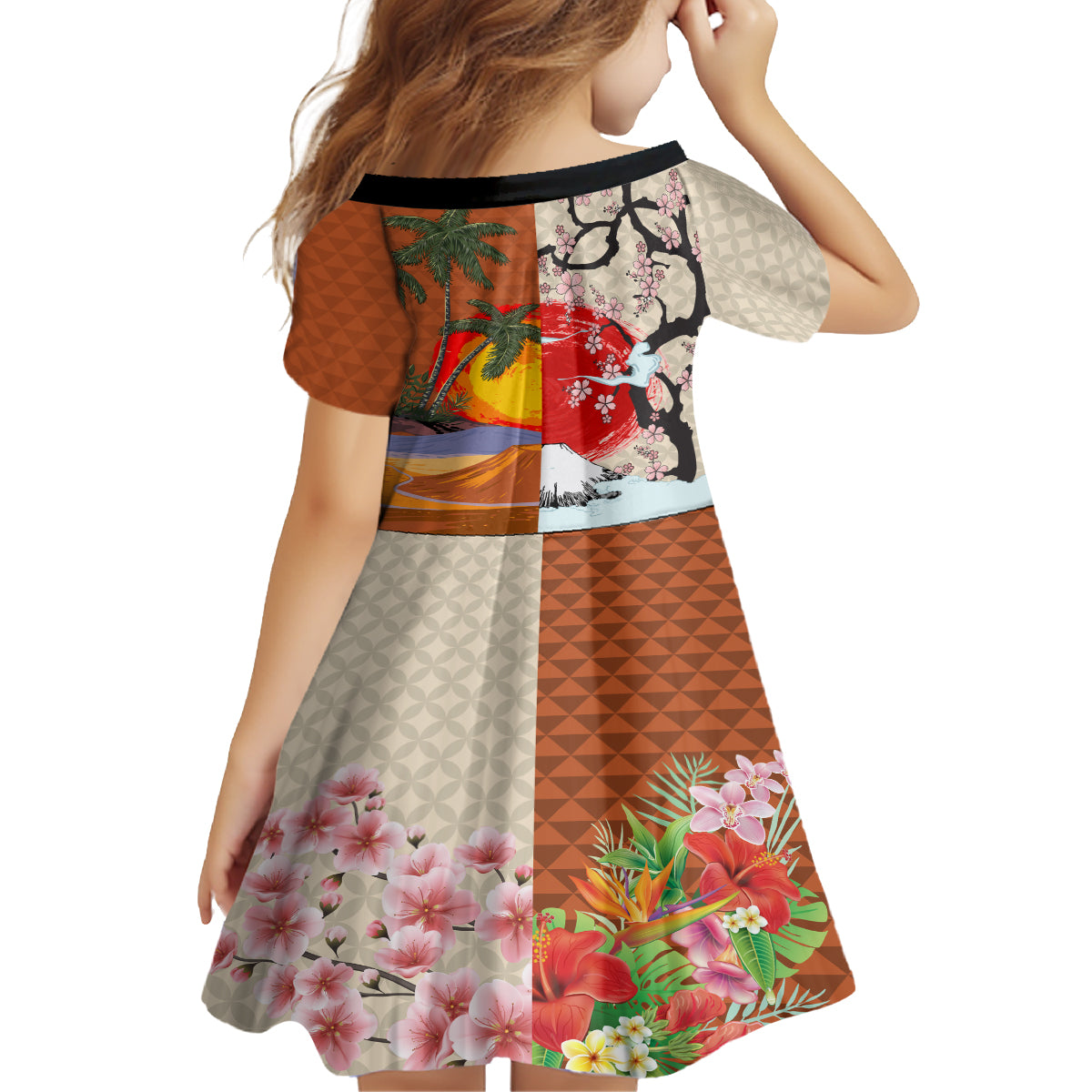 Japanese Culture Hawaii Style Family Matching Off Shoulder Short Dress and Hawaiian Shirt Mauna Kea and Fuji Mountains LT03 - Polynesian Pride
