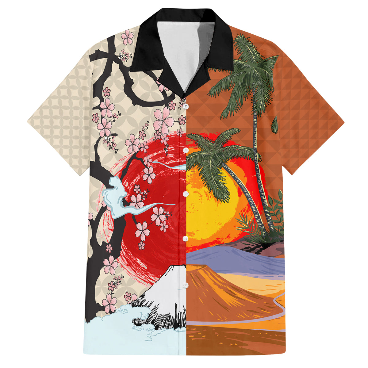 Japanese Culture Hawaii Style Family Matching Off Shoulder Short Dress and Hawaiian Shirt Mauna Kea and Fuji Mountains LT03 Dad's Shirt - Short Sleeve Brown - Polynesian Pride