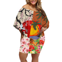 Japanese Culture Hawaii Style Family Matching Off Shoulder Short Dress and Hawaiian Shirt Mauna Kea and Fuji Mountains LT03 Mom's Dress Brown - Polynesian Pride