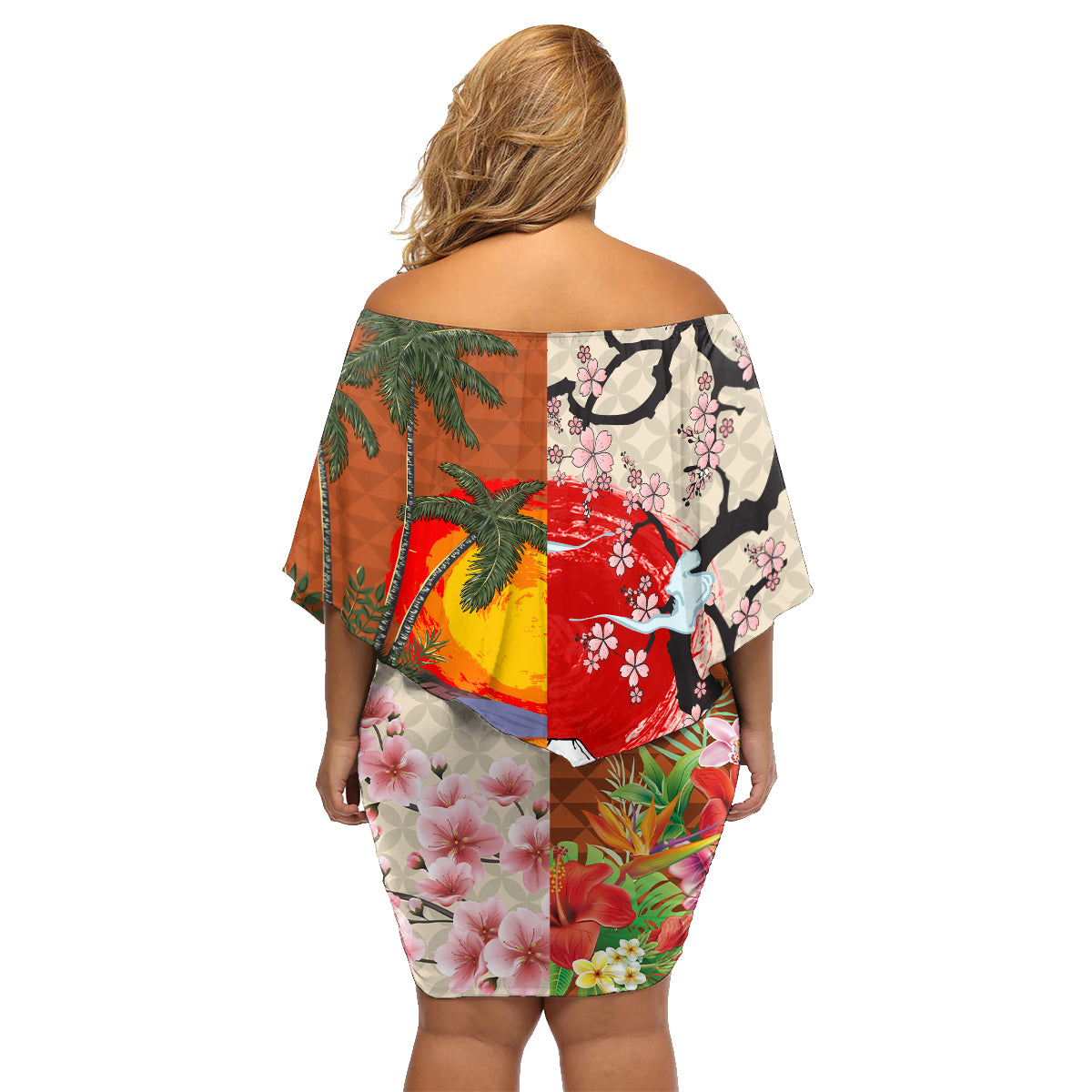 Japanese Culture Hawaii Style Family Matching Off Shoulder Short Dress and Hawaiian Shirt Mauna Kea and Fuji Mountains LT03 - Polynesian Pride