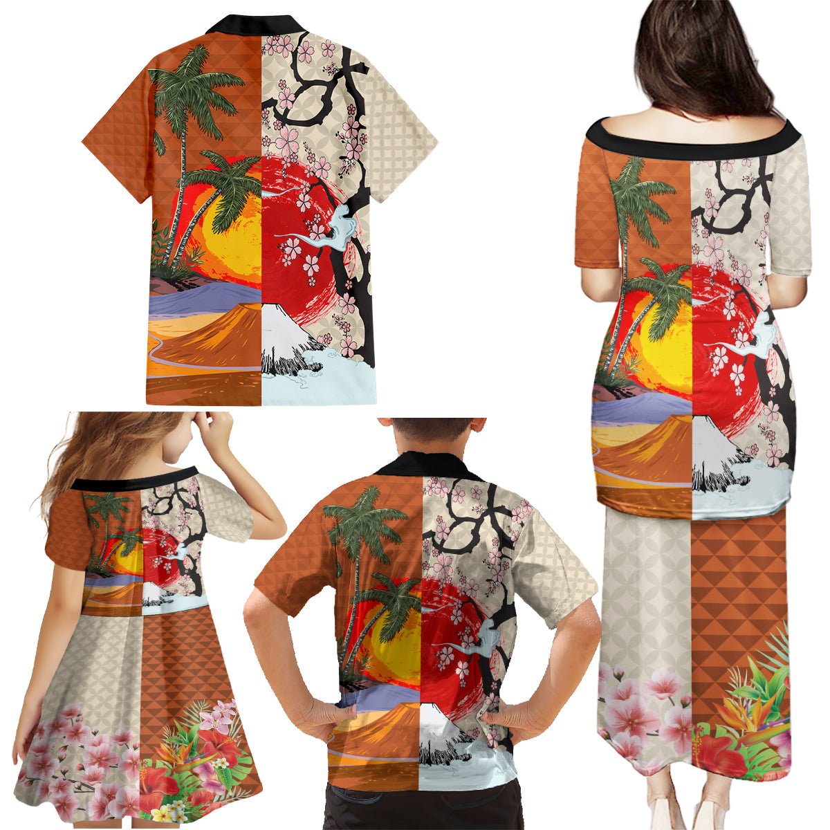 Japanese Culture Hawaii Style Family Matching Puletasi and Hawaiian Shirt Mauna Kea and Fuji Mountains LT03 - Polynesian Pride