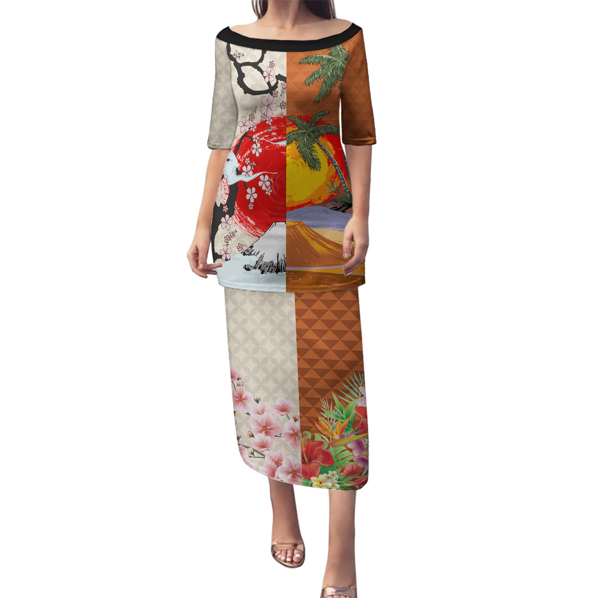 Japanese Culture Hawaii Style Family Matching Puletasi and Hawaiian Shirt Mauna Kea and Fuji Mountains LT03 Mom's Dress Brown - Polynesian Pride