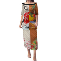 Japanese Culture Hawaii Style Family Matching Puletasi and Hawaiian Shirt Mauna Kea and Fuji Mountains LT03 Mom's Dress Brown - Polynesian Pride